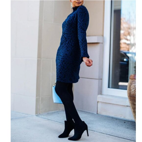 Anthropologie Blue Floral Knit Mini Dress Small Mock Neck Long Sleeve Stretch - Picture 5 of 8